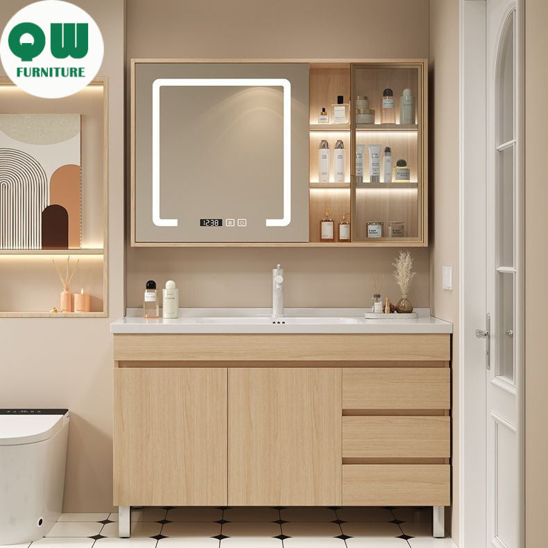 Set Singki Bilik Mandi Kabinet Cermin Pintar Rak Berdiri QW- Kayu Padu Penyimpanan 