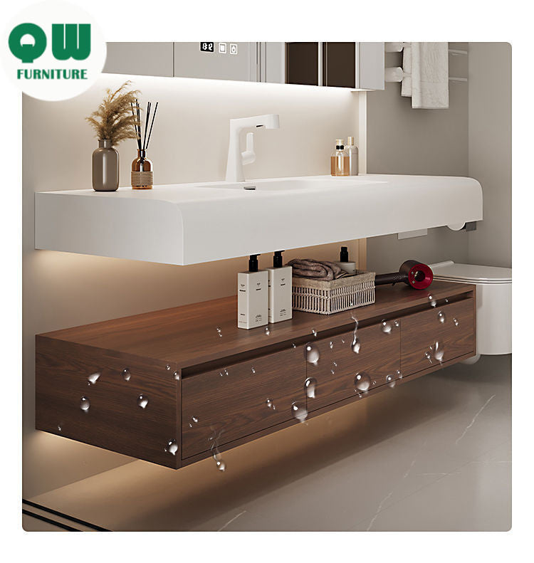 QW- Smart Mirror from Walnut Wood with Integrated Washbasin and Bathroom Storage Cabinet