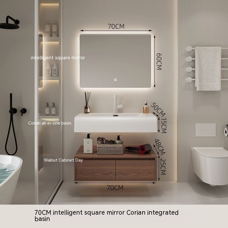 QW- Smart Mirror from Walnut Wood with Integrated Washbasin and Bathroom Storage Cabinet