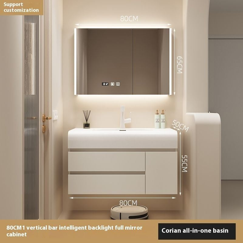 QW- Cream Color Storage Smart Glass Cabinet Bathroom Stone Basin