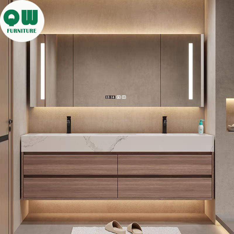 QW- Storan berkualiti tinggi diperbuat daripada kayu asli untuk kabinet cermin pintar di bilik mandi, sinki bilik mandi. 