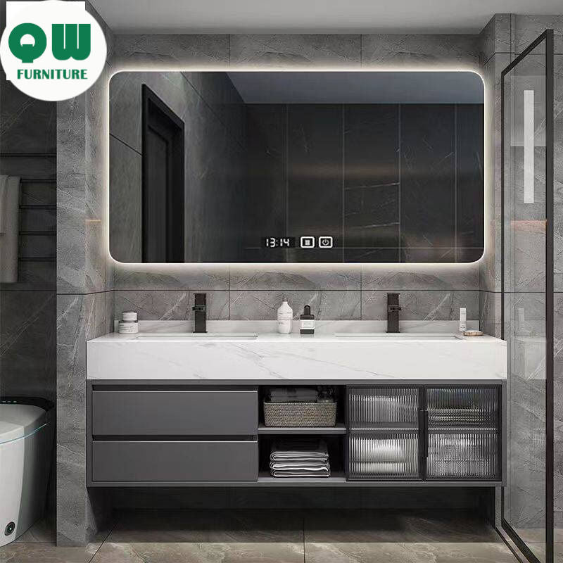 QW- Large Basin Set with Smart Mirror and Real Wood Storage Cabinet for Bathroom