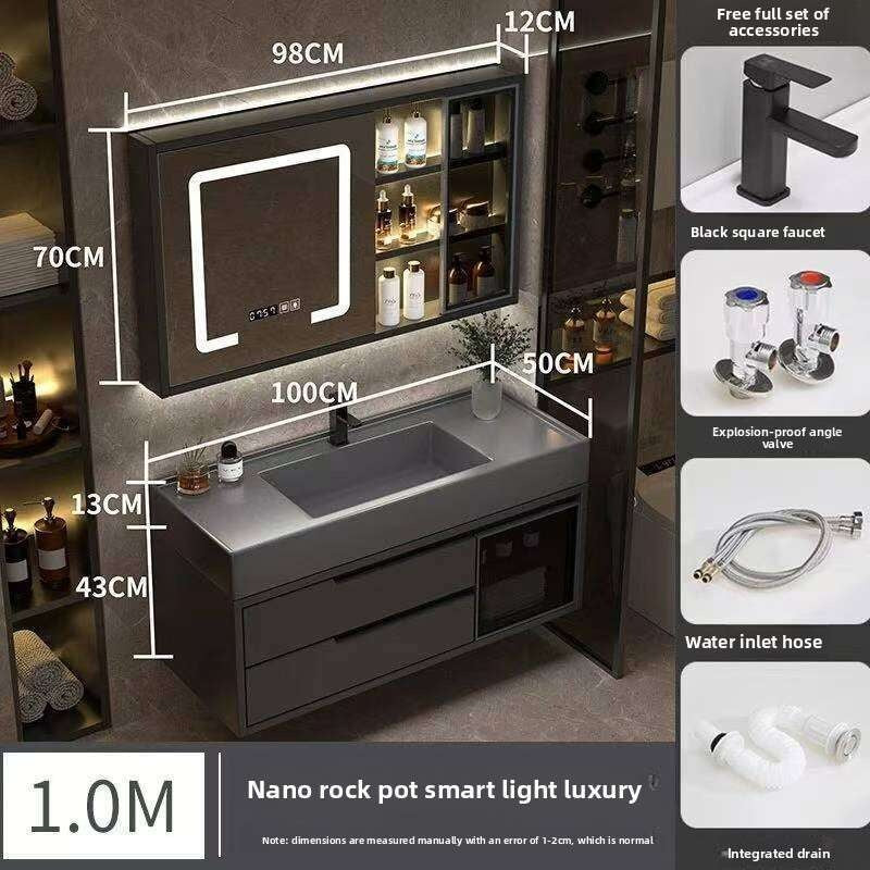 Set Kabinet Penyimpanan Kayu Asli QW- Cermin Pintar di Sinki Bilik Mandi 