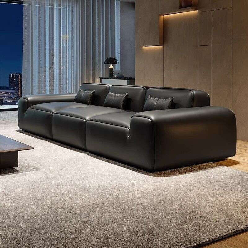 Italian Style Genuine Minimalist Cowhide Living Room Black Leather Sofa