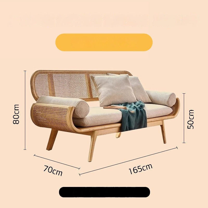 Solid Wood Rattan Woven French Lazy Sofa Living Room Bedroom Balcony Lounge Three-Person Chair