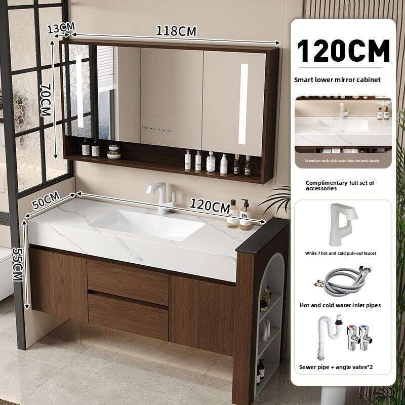 QW- Kabinet Cermin Pintar Penyimpanan Kayu Asli Buatan Sendiri untuk Bilik Mandi, Set Singki Bilik Mandi