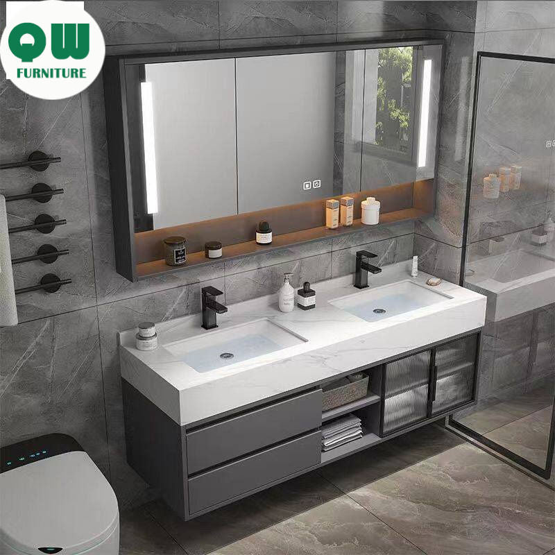QW- Large Basin Set with Smart Mirror and Real Wood Storage Cabinet for Bathroom