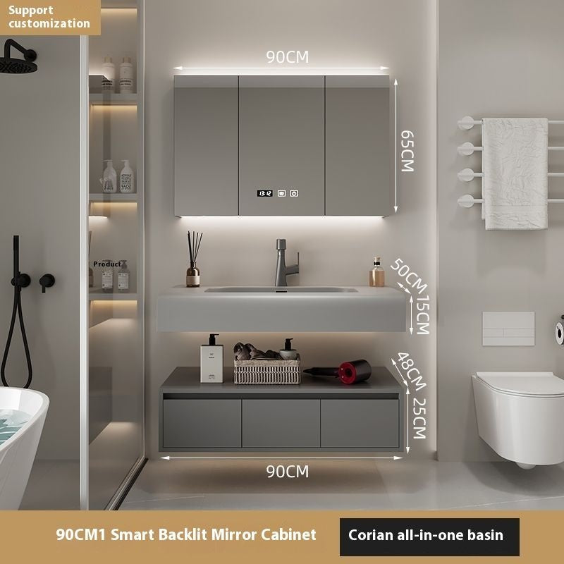 Set Singki Penyimpanan Kayu Asli QW- Kabinet Cermin Pintar di Bilik Mandi 