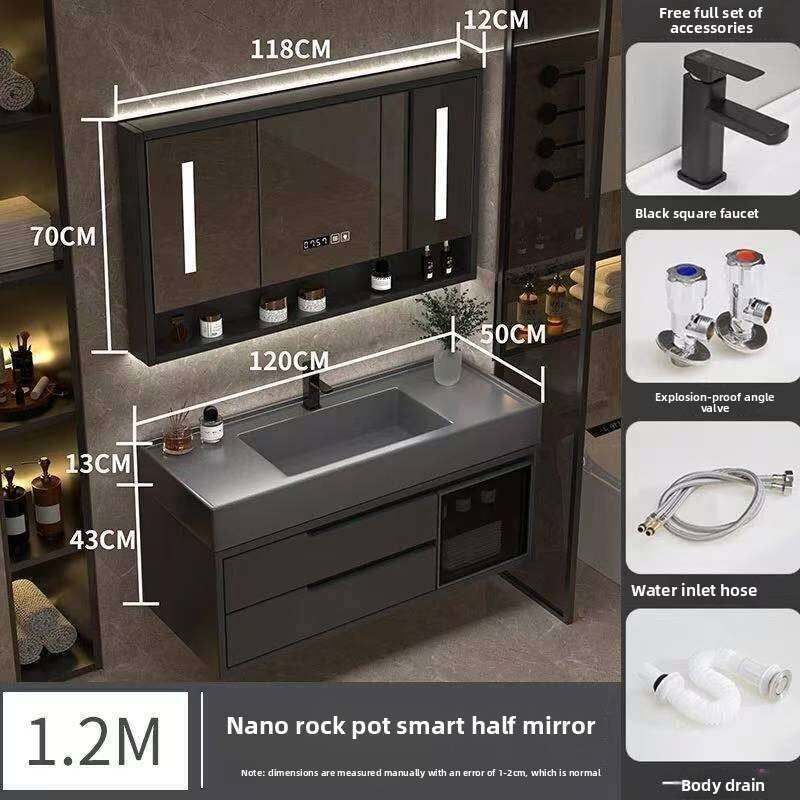 Set Kabinet Penyimpanan Kayu Asli QW- Cermin Pintar di Sinki Bilik Mandi 