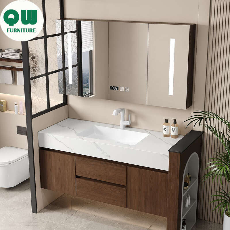 QW- Kabinet Cermin Pintar Penyimpanan Kayu Asli Buatan Sendiri untuk Bilik Mandi, Set Singki Bilik Mandi