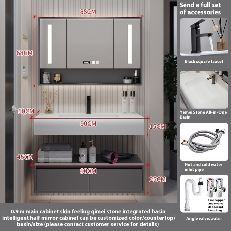 QW- Solid Wood Storage Smart Mirror Cabinet Bathroom Hand Washing Stone
