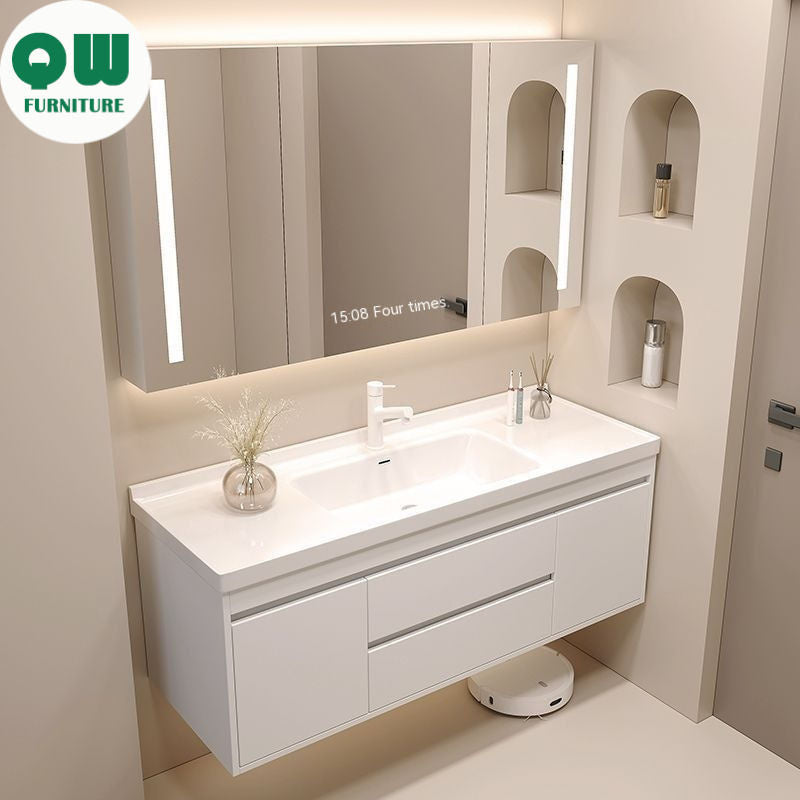 Set Singki Bilik Mandi Kabinet Cermin Pintar Penyimpanan QW- Gaya Krim 