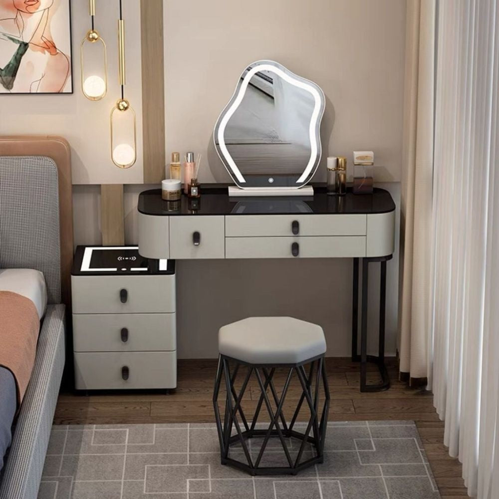 Kabinet Solek Kayu Asli Pintar, Pengecasan Tanpa Wayar, Gaya Nordik Elegan untuk Bilik Tidur Meja solek moden yang ringkas Boleh berfungsi dalam pelbagai cara