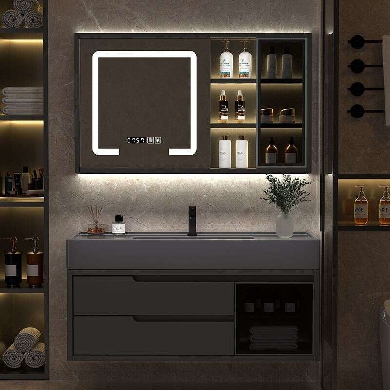 Set Kabinet Penyimpanan Kayu Asli QW- Cermin Pintar di Sinki Bilik Mandi 