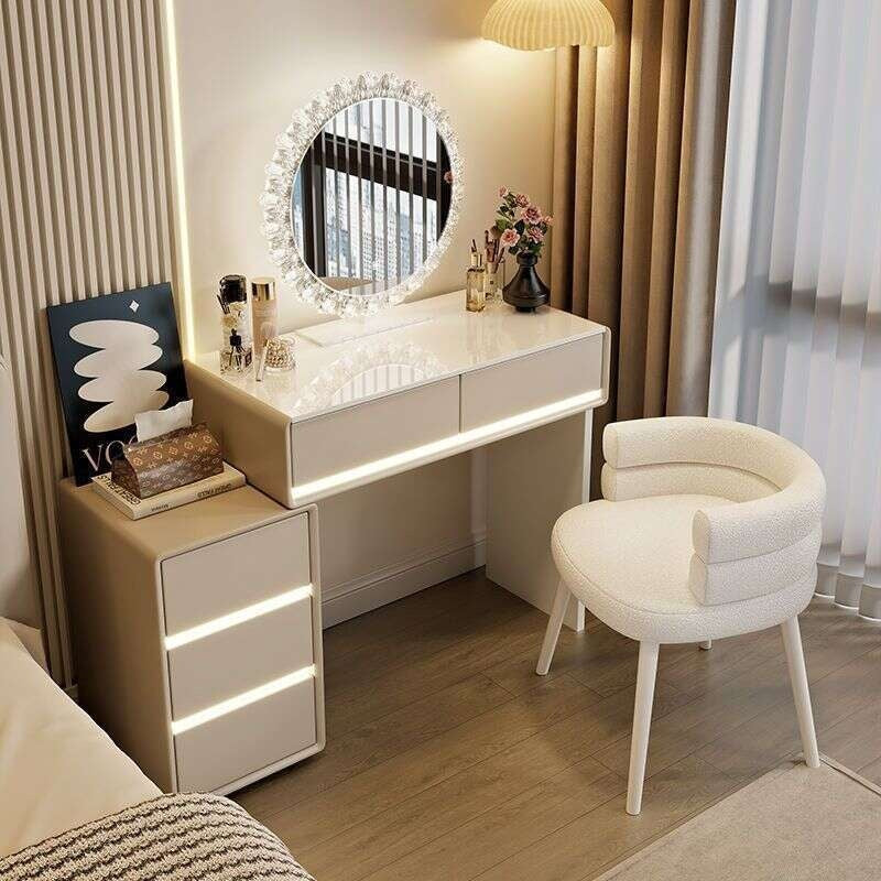 Meja Solek Kayu Asli Bilik Tidur Gaya minimalis moden, warna krim, digunakan di bilik utama. Dengan kabinet laci