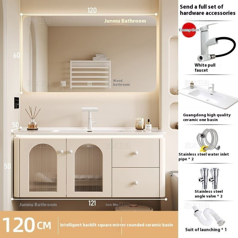 QW- Cream Color Storage Smart Mirror Cabinet Bathroom Sink Set