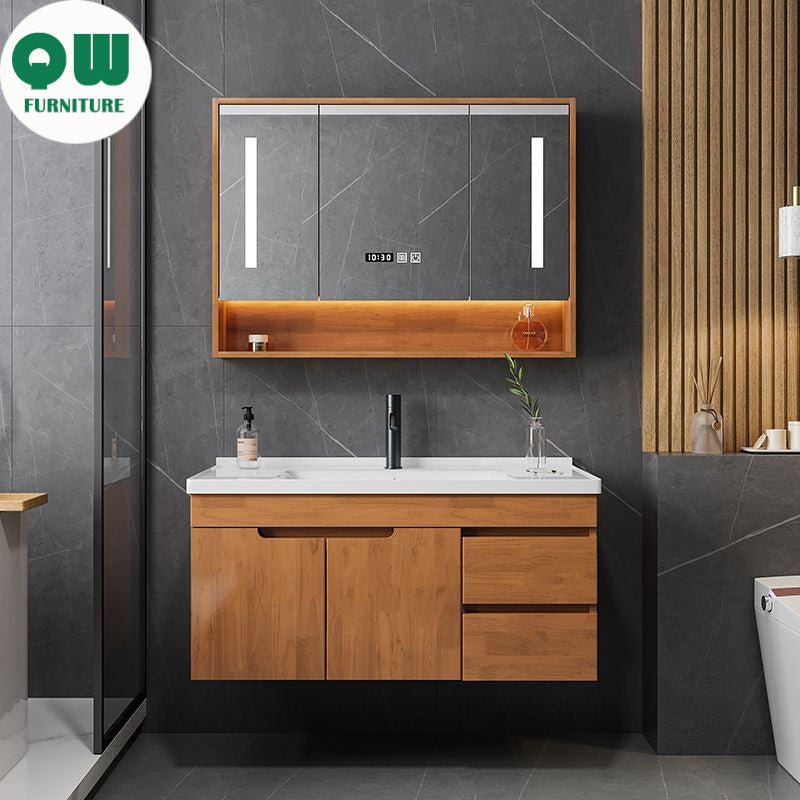 QW- Singki Bilik Mandi Kabinet Kaca Pintar Penyimpanan Kayu Padu 