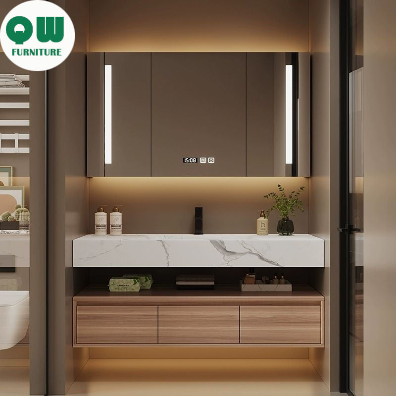 QW- Kabinet buatan khas dan cermin pintar untuk bilik mandi, kabinet simpanan bilik mandi, set sinki 