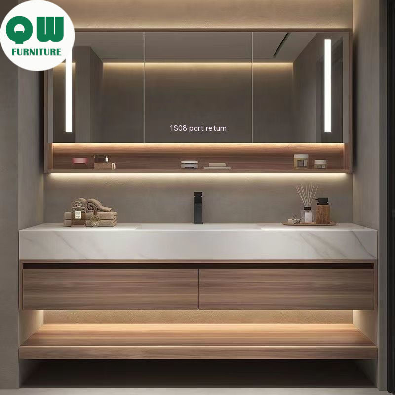 QW- storan diperbuat daripada sinki kayu asli, Kabinet cermin pintar bilik mandi 
