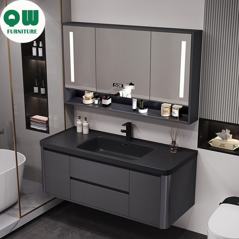QW- Bathroom storage with smart mirror and black glass cabinet made of real wood.