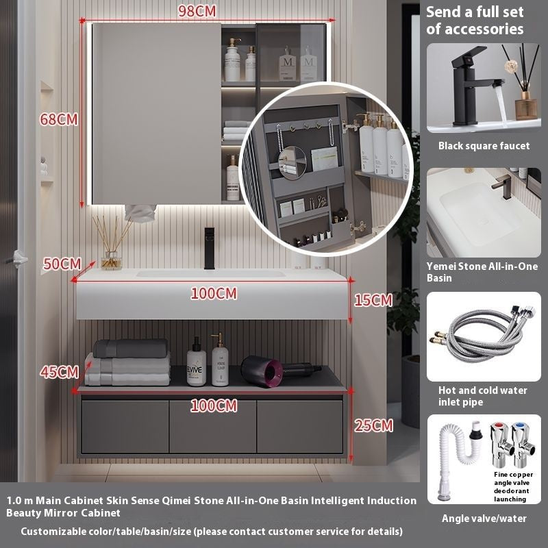 QW- Solid Wood Storage Smart Mirror Cabinet Bathroom Hand Washing Stone