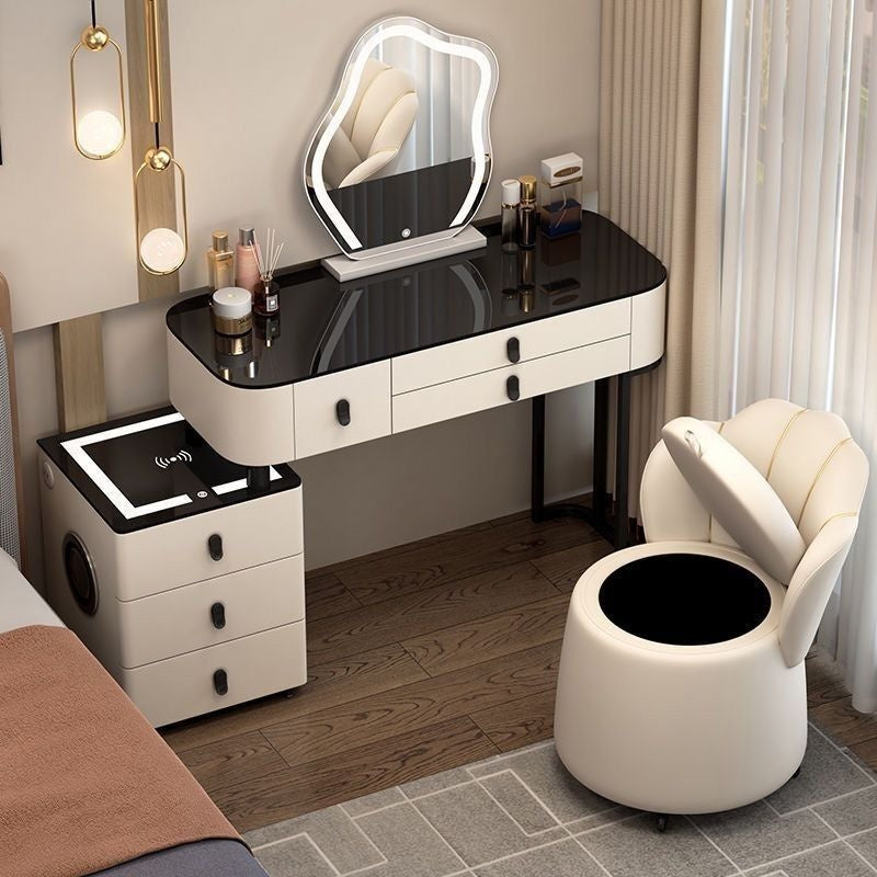 Kabinet Solek Kayu Asli Pintar, Pengecasan Tanpa Wayar, Gaya Nordik Elegan untuk Bilik Tidur Meja solek moden yang ringkas Boleh berfungsi dalam pelbagai cara