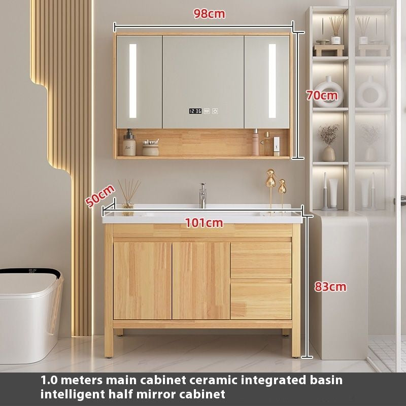 Set Singki Cermin Pintar Kabinet Penyimpanan Kayu Oak QW- di Bilik Mandi 