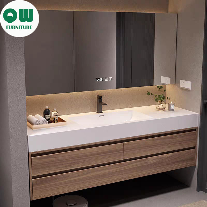 QW- Set kabinet kayu asli buatan khas dengan cermin pintar dan sinki bilik mandi. 