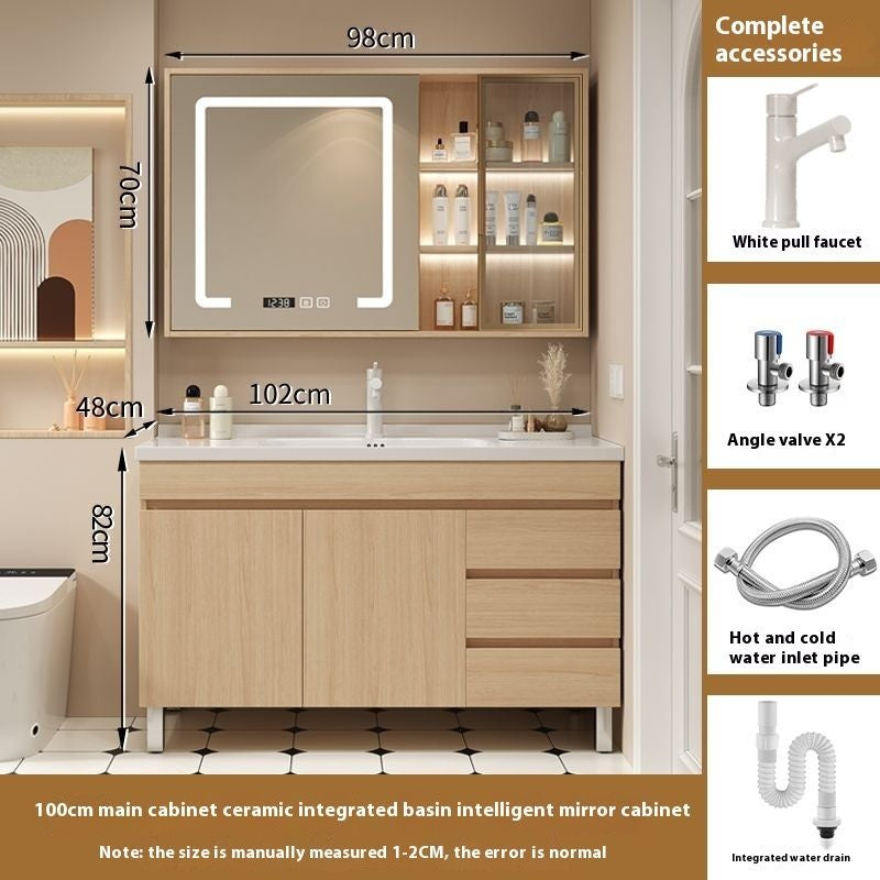 Set Singki Bilik Mandi Kabinet Cermin Pintar Rak Berdiri QW- Kayu Padu Penyimpanan 