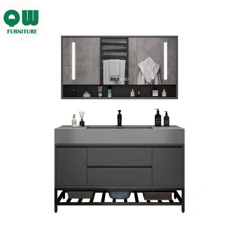 QW- Floor-mounted Basin Smart Mirror Real Wood Storage Cabinet in Bathroom