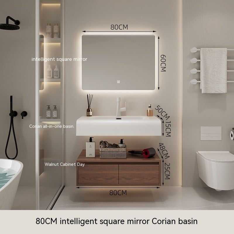 QW- Smart Mirror from Walnut Wood with Integrated Washbasin and Bathroom Storage Cabinet