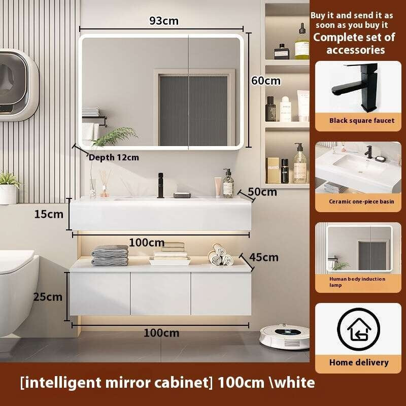 QW- Kabinet simpanan kayu asli cermin pintar di bilik mandi, sinki bilik mandi 