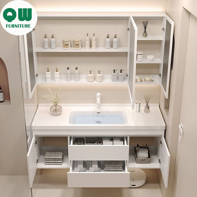 Set Singki Bilik Mandi Kabinet Cermin Pintar Penyimpanan QW- Gaya Krim 