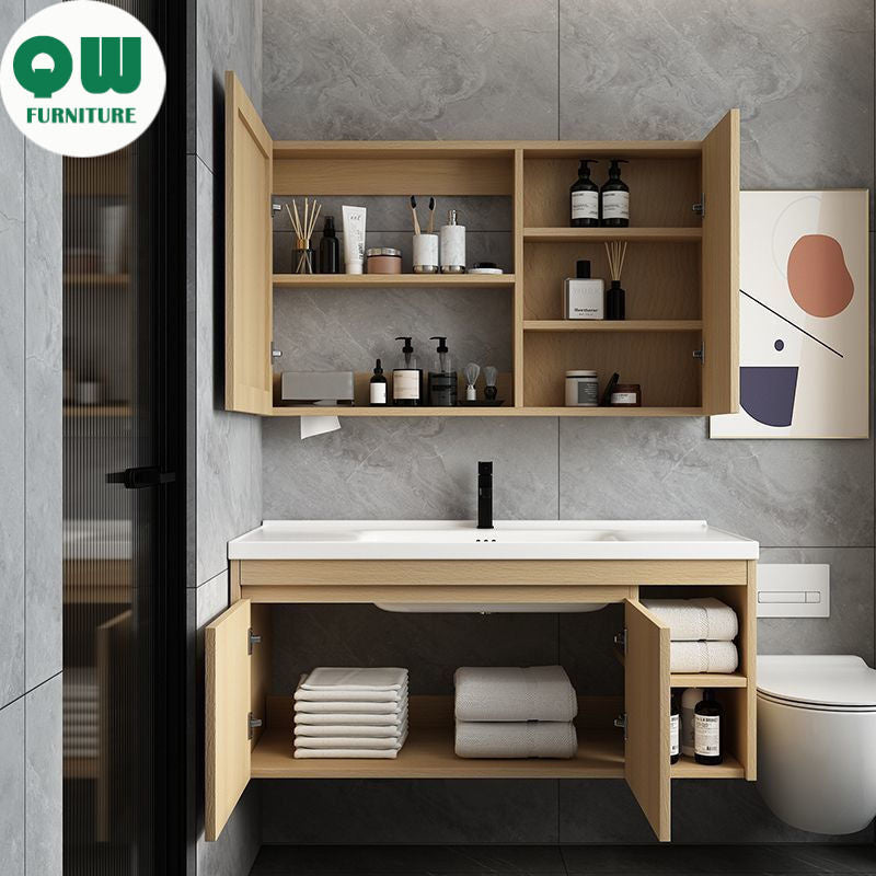 QW- Set kabinet kayu asli dengan sinki dan cermin pintar bilik mandi. 