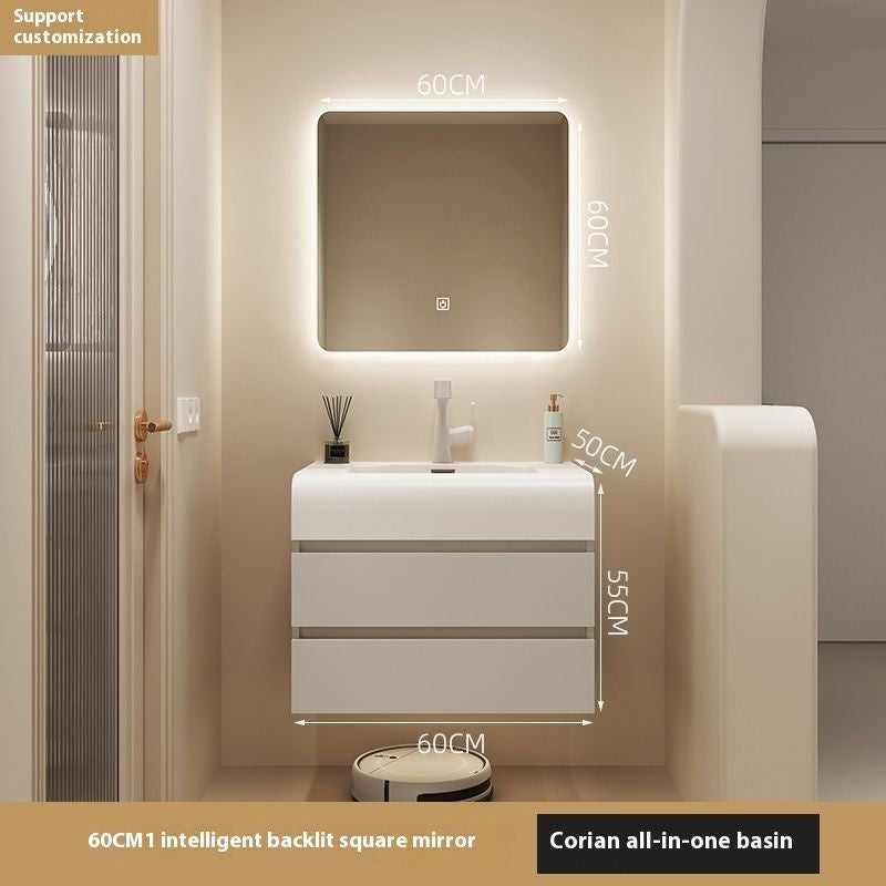 QW- Cream Color Storage Smart Glass Cabinet Bathroom Stone Basin
