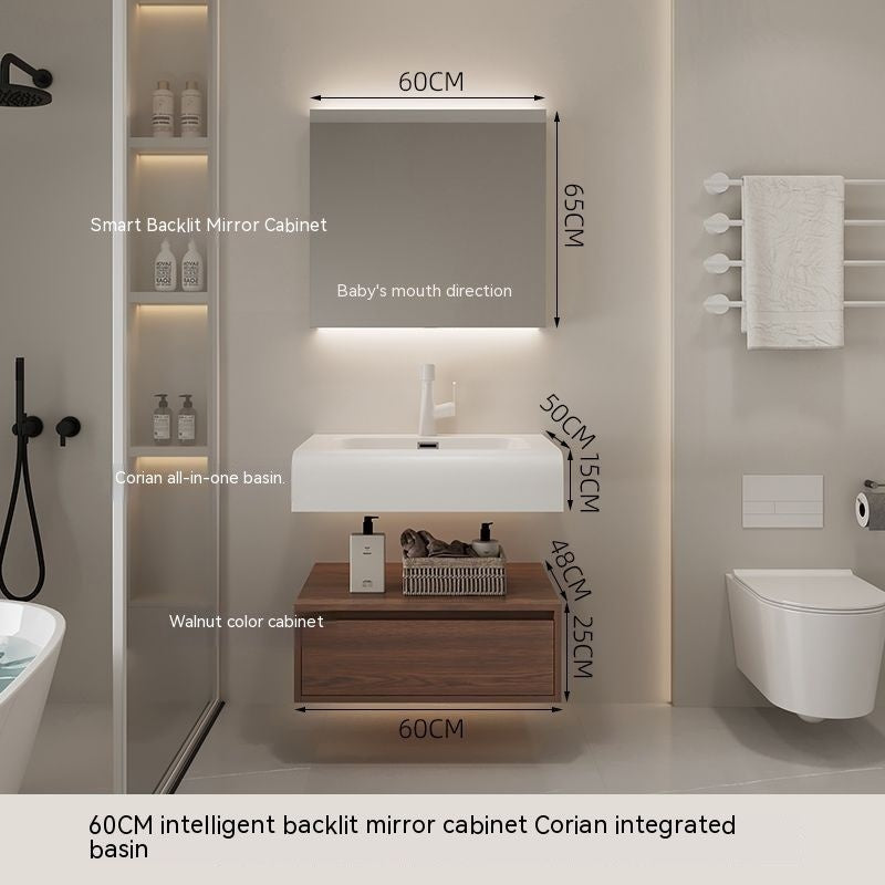 QW- Smart Mirror from Walnut Wood with Integrated Washbasin and Bathroom Storage Cabinet