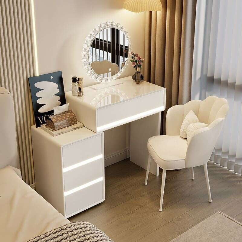 Meja Solek Kayu Asli Bilik Tidur Gaya minimalis moden, warna krim, digunakan di bilik utama. Dengan kabinet laci