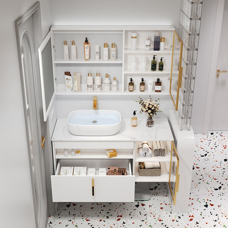 Set Singki Bilik Mandi Kabinet Cermin Pintar Penyimpanan Kayu Padu QW- 
