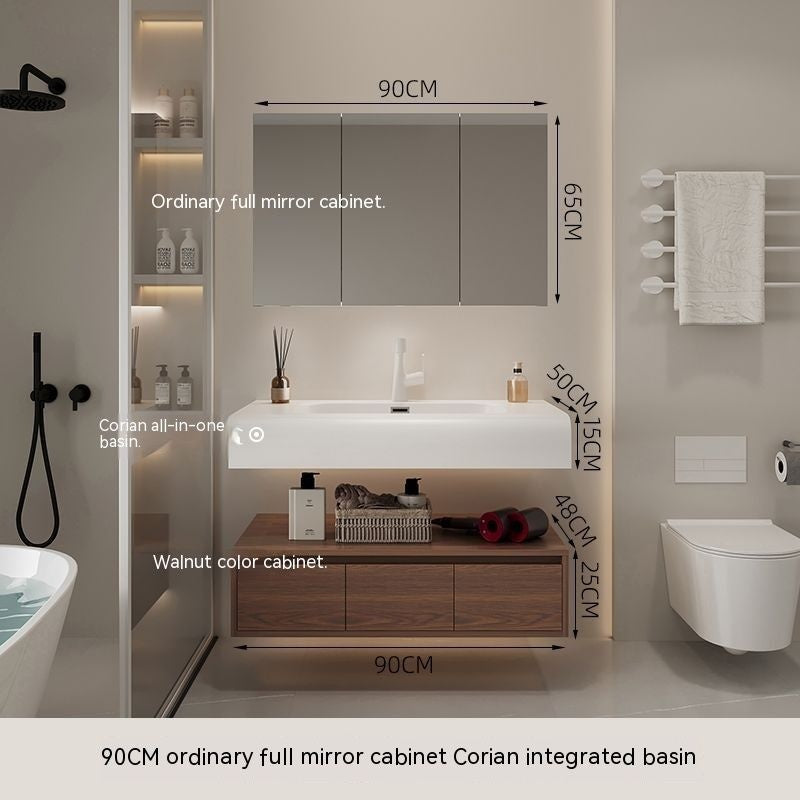 QW- Smart Mirror from Walnut Wood with Integrated Washbasin and Bathroom Storage Cabinet