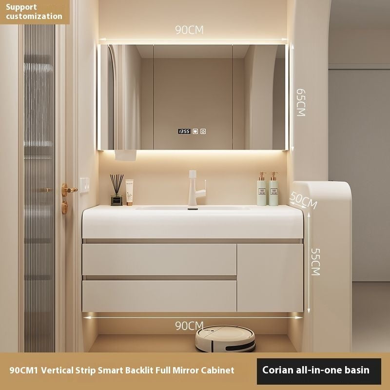 QW- Cream Color Storage Smart Glass Cabinet Bathroom Stone Basin