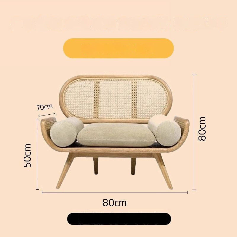 Solid Wood Rattan Woven French Lazy Sofa Living Room Bedroom Balcony Lounge Three-Person Chair