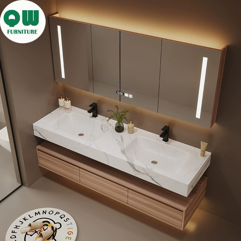 QW- Kabinet buatan khas dan cermin pintar untuk bilik mandi, kabinet simpanan bilik mandi, set sinki 