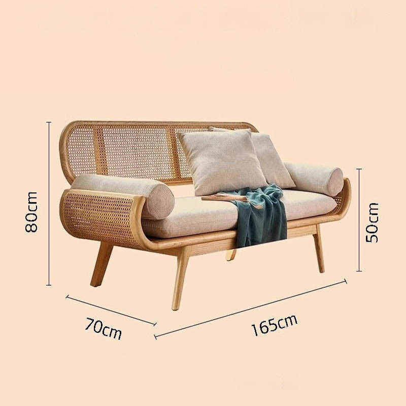 Solid Wood Rattan Woven French Lazy Sofa Living Room Bedroom Balcony Lounge Three-Person Chair