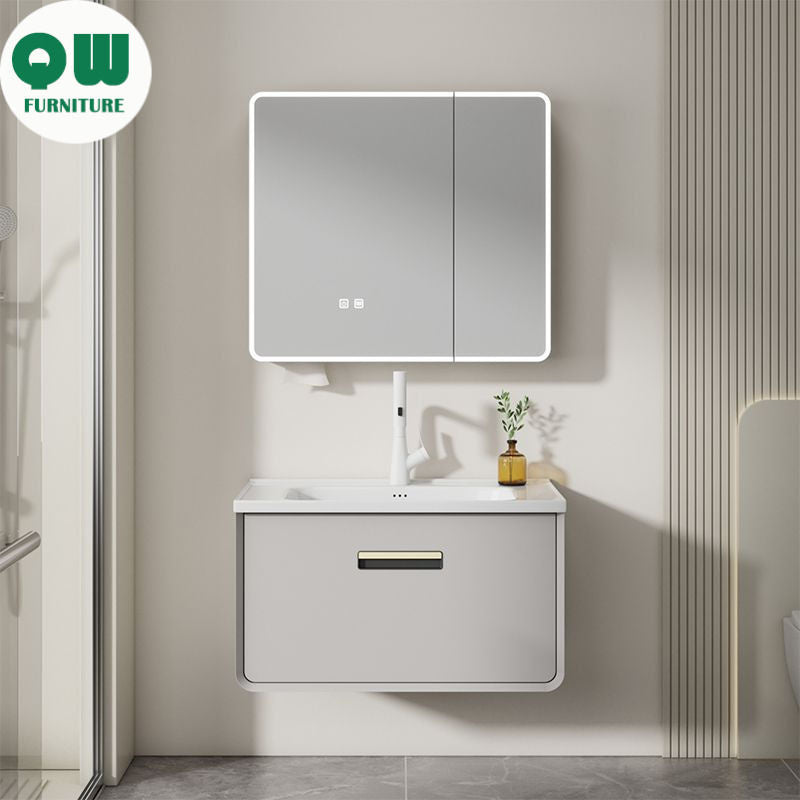 QW- Aluminum Thickened Stainless Steel Basin Smart Glass Bathroom Storage Cabinet
