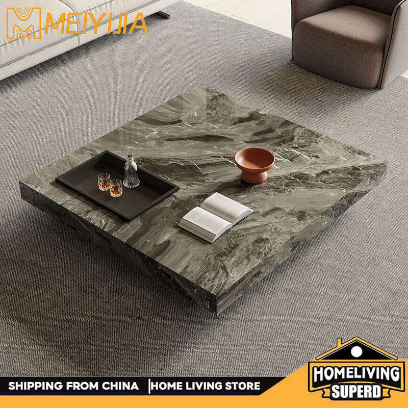 Simple Italian style light luxury small square home living room stone slab solid wood coffee table design sense