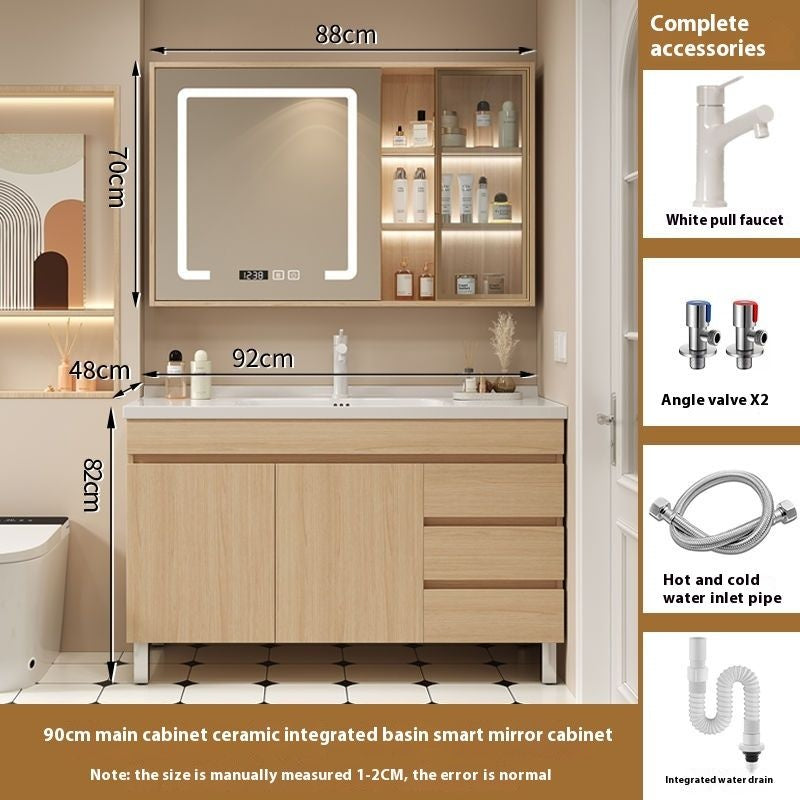 Set Singki Bilik Mandi Kabinet Cermin Pintar Rak Berdiri QW- Kayu Padu Penyimpanan 