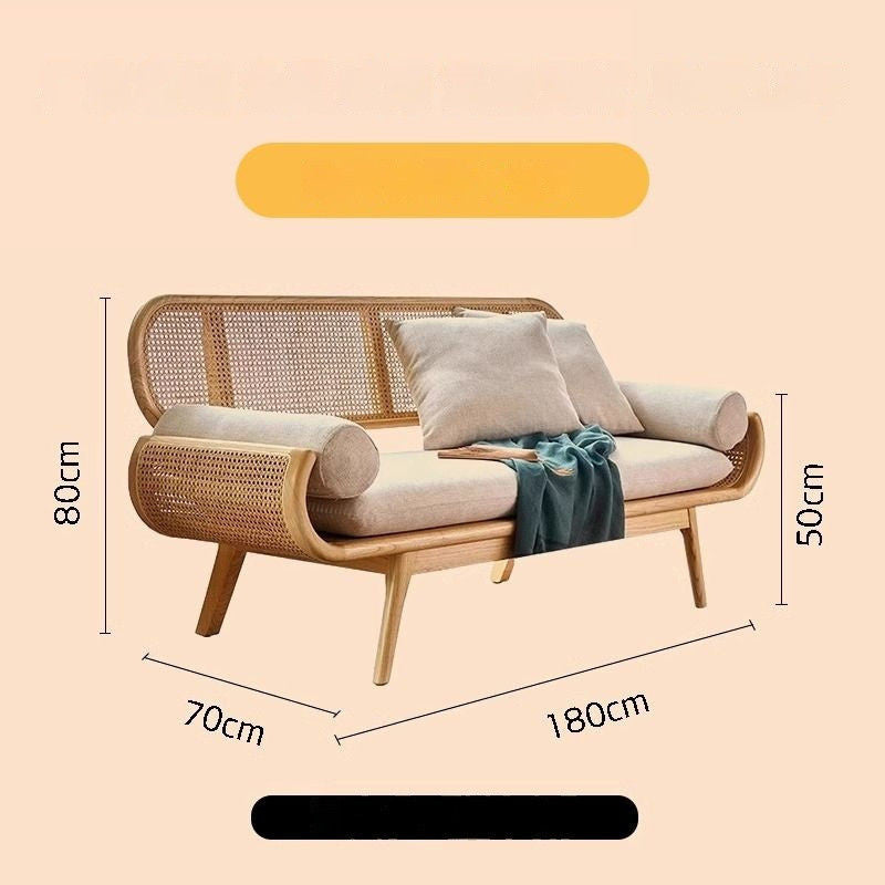Solid Wood Rattan Woven French Lazy Sofa Living Room Bedroom Balcony Lounge Three-Person Chair