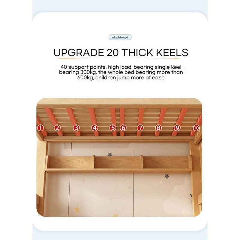 Semua kayu padu membina katil induk. Katil atas bawah lebih tebal daripada katil atas, katil pelbagai guna atas bawah yang menggabungkan katil tinggi dan rendah, katil kanak-kanak.