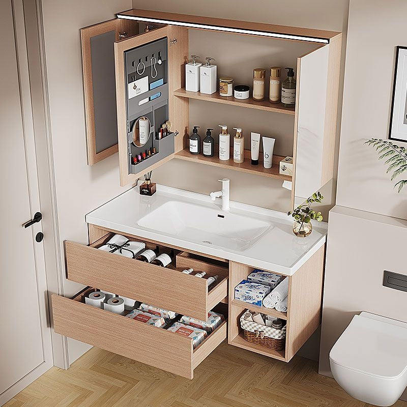 Set Singki Bilik Mandi Kabinet Cermin Pintar Penyimpanan Kayu Padu QW- 