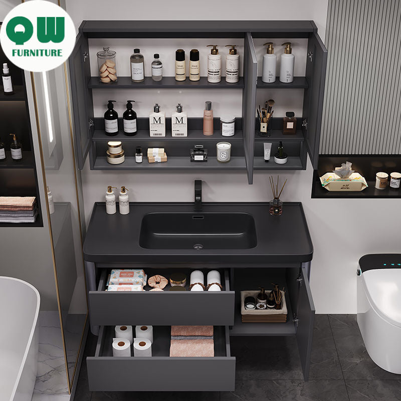 QW- Bathroom storage with smart mirror and black glass cabinet made of real wood.